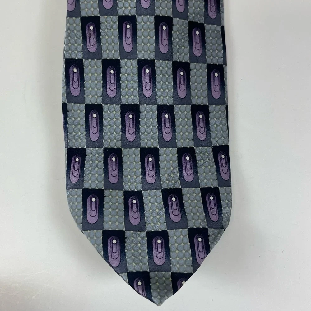 Mosaic Mens Tie Necktie Purple Blue Pattern Pure Silk Hand Made